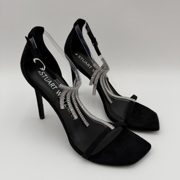 Stuart Weitzman Nudistcurve Superglam Heels Black Women Size 7.5B Crystal Fringe - Picture 3 of 8